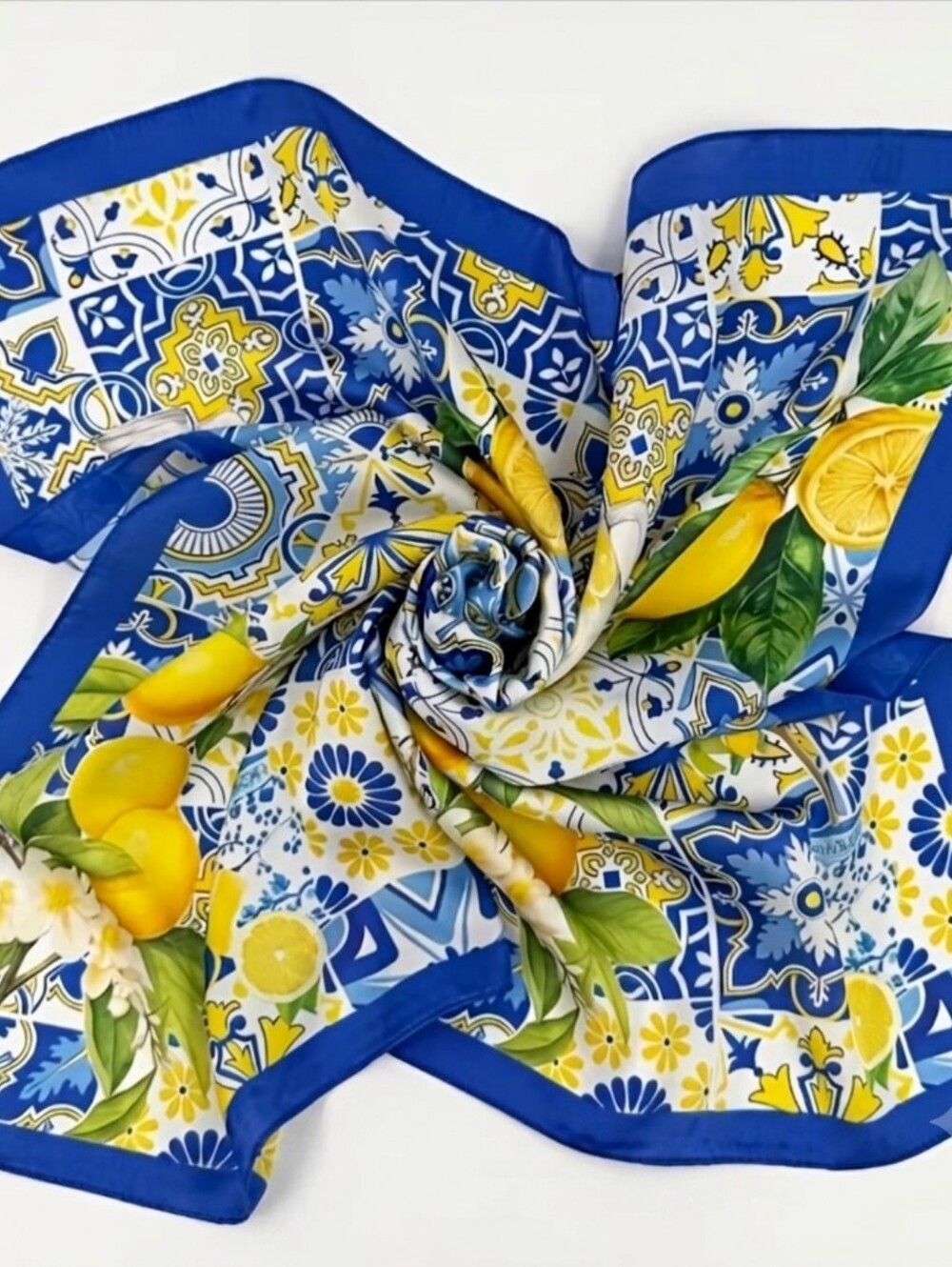 Blue & Yellow Lemon Tile Print Silk Scarf